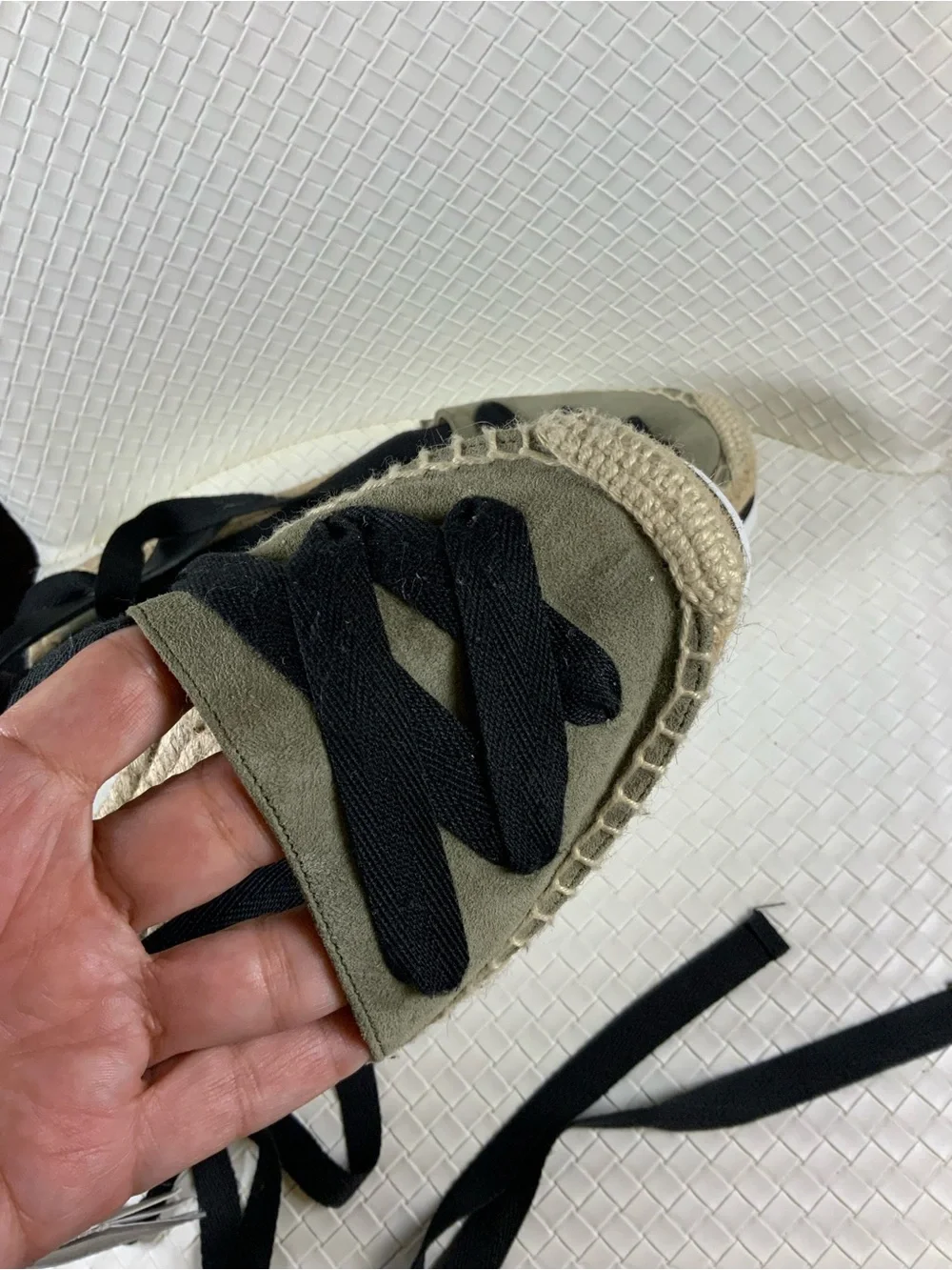 Zara Olive Espadrille Lace-Up Flats with Black Ribbons